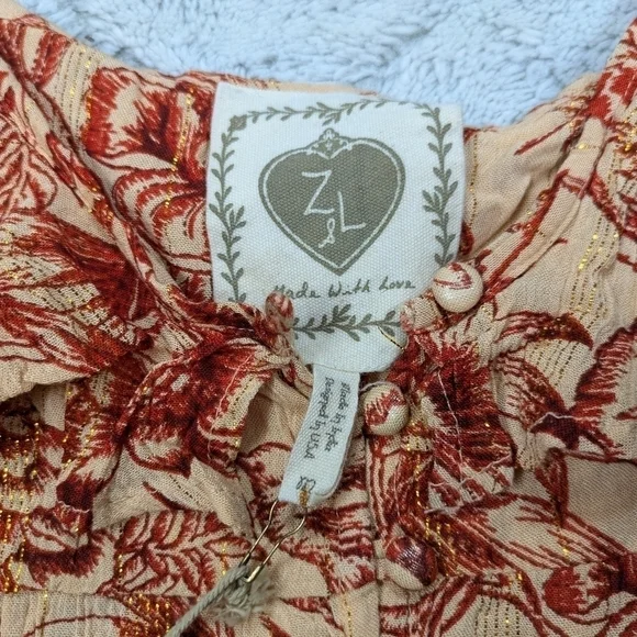 Z&L Top Women's M Beige Red Floral Sleeveless Button Up Ruffle Crop Boho NEW - Picture 3 of 7